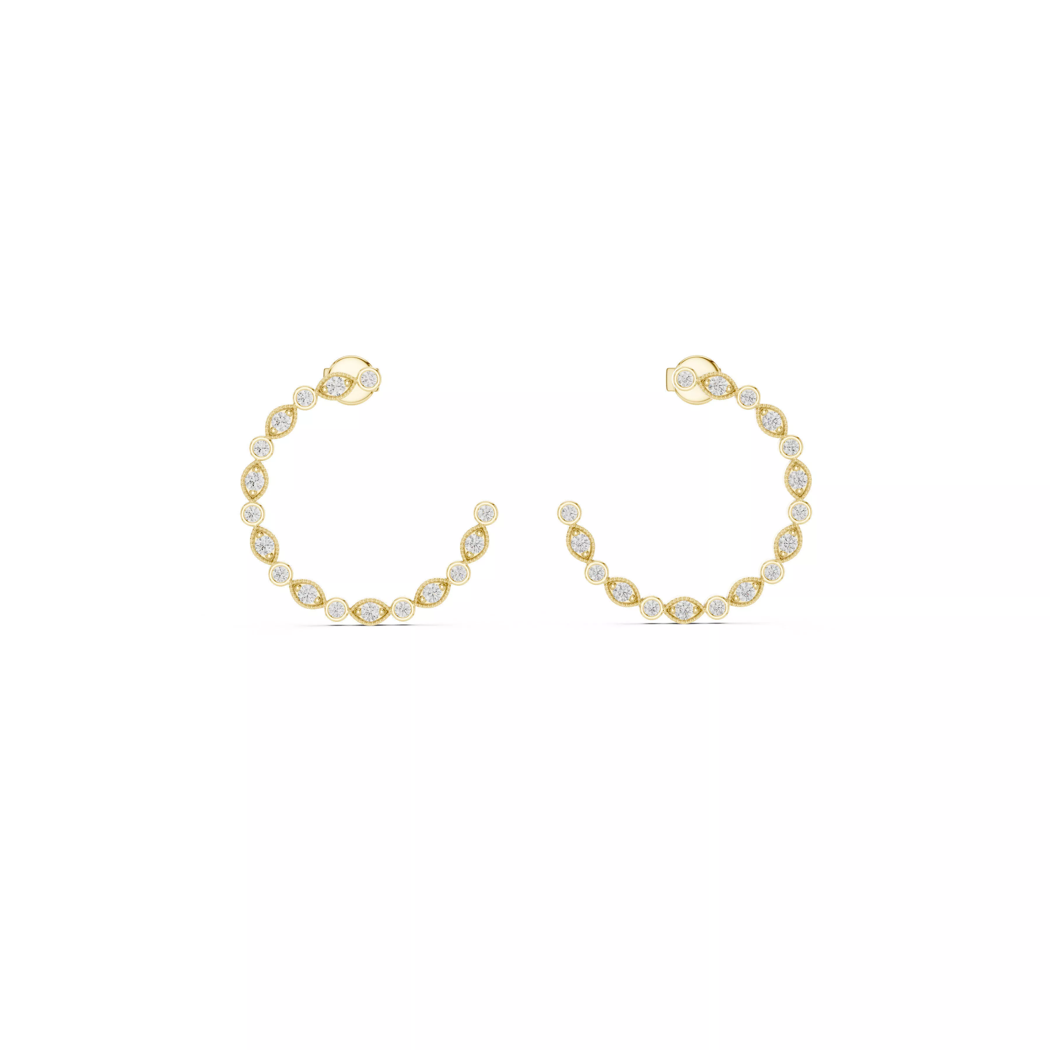Vintage Milgrain Bezel Diamond Open Hoop Earrings CAD 3D print model