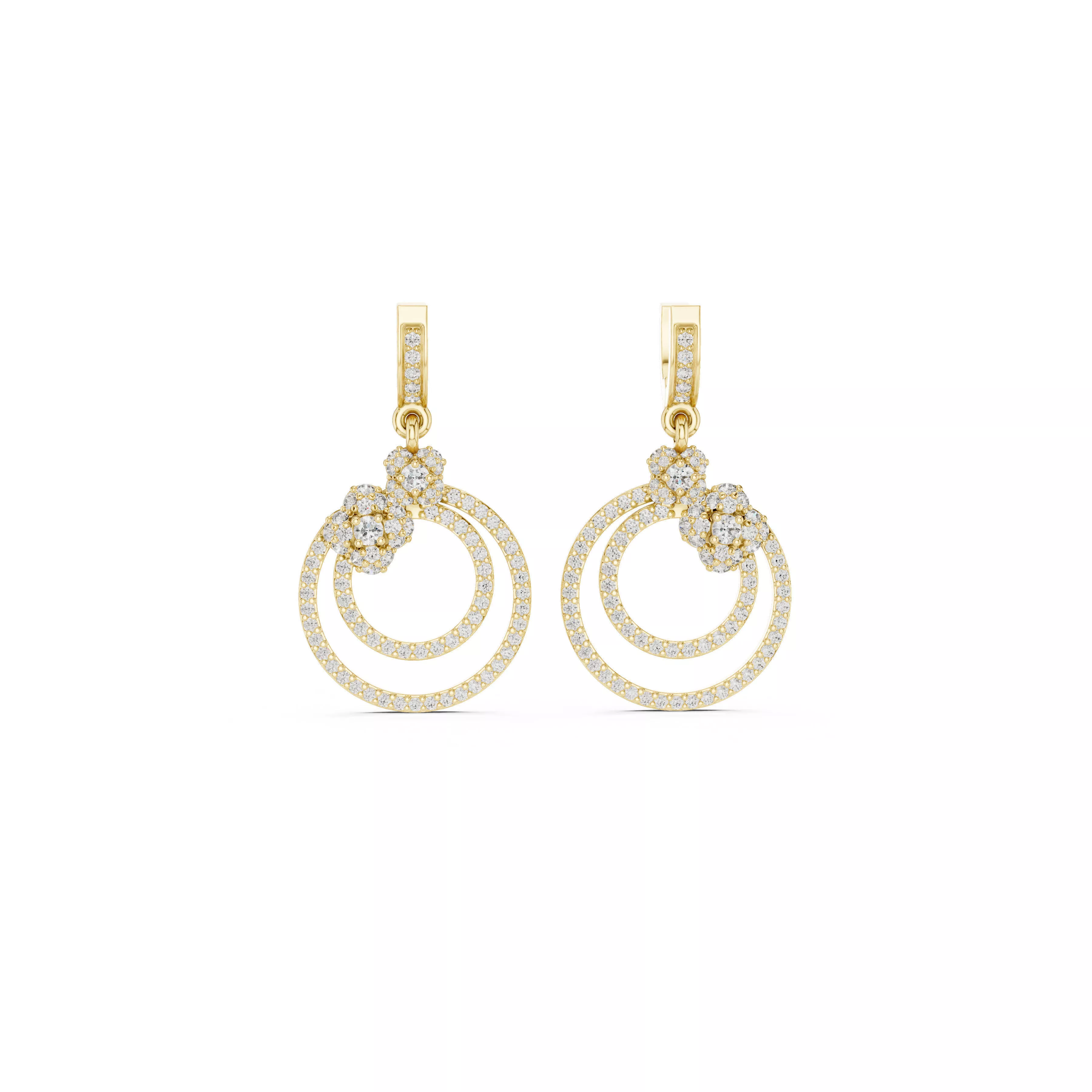 Diamond Double Circle Drop Earrings Floral Cluster Accent CAD 3D print model