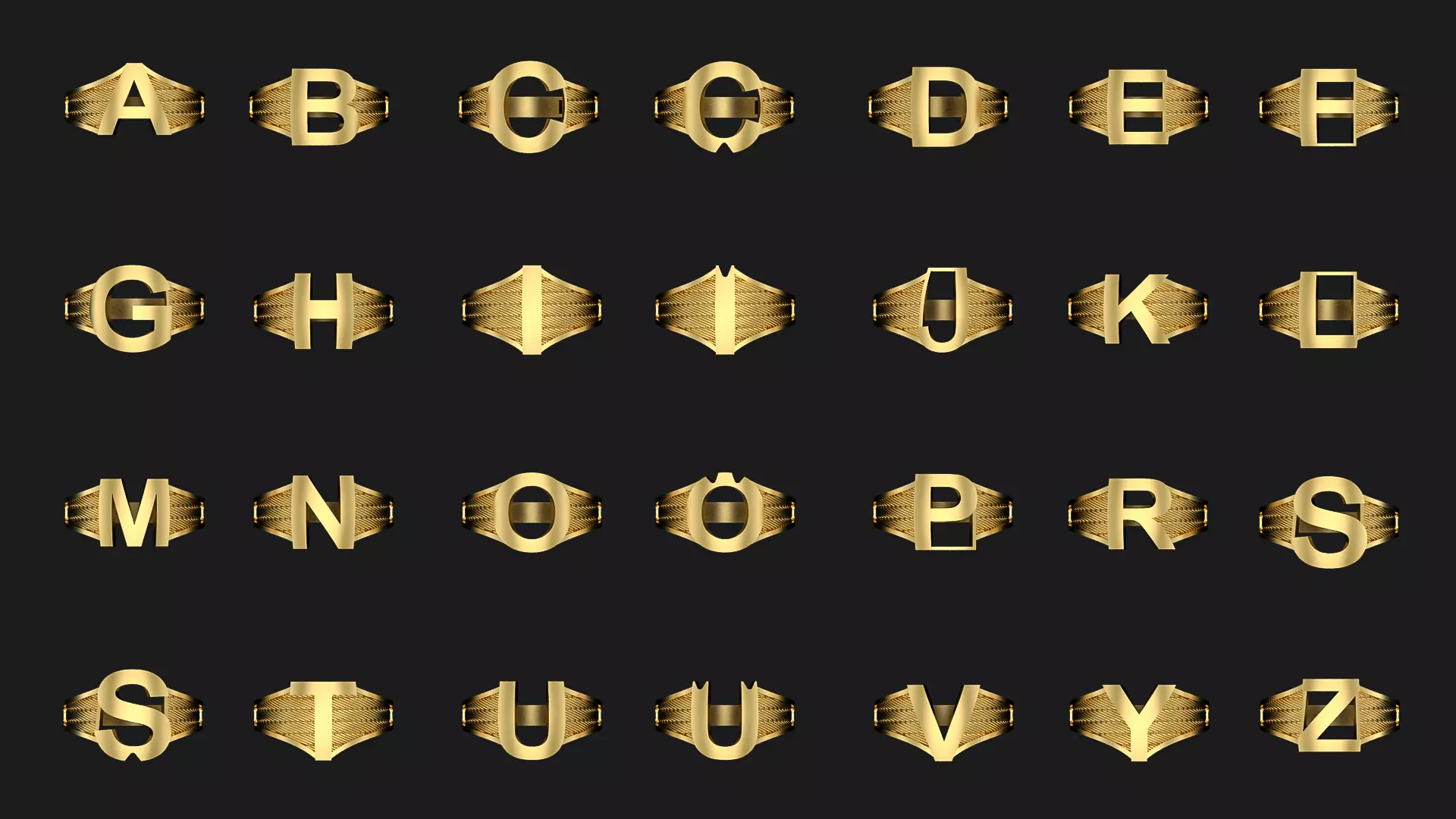 28 Gold Letter Ring Set Ready for Production CAD Models JHCAO 3D print model