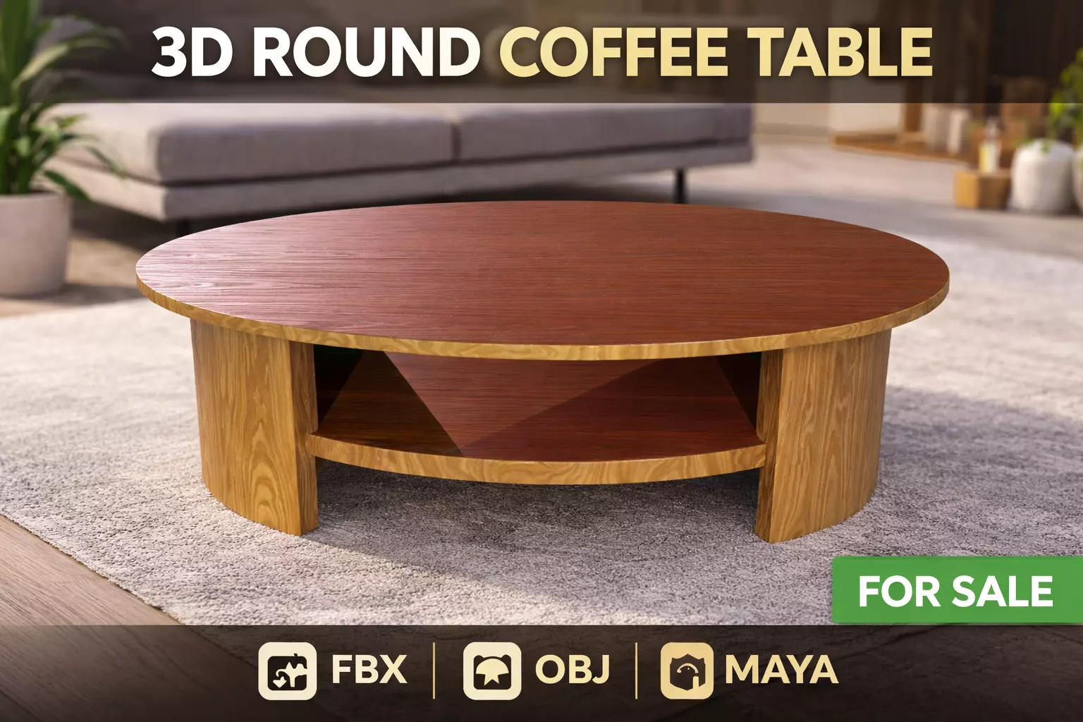 Round Wooden Coffee Table 3D Model Free low-poly 3D model