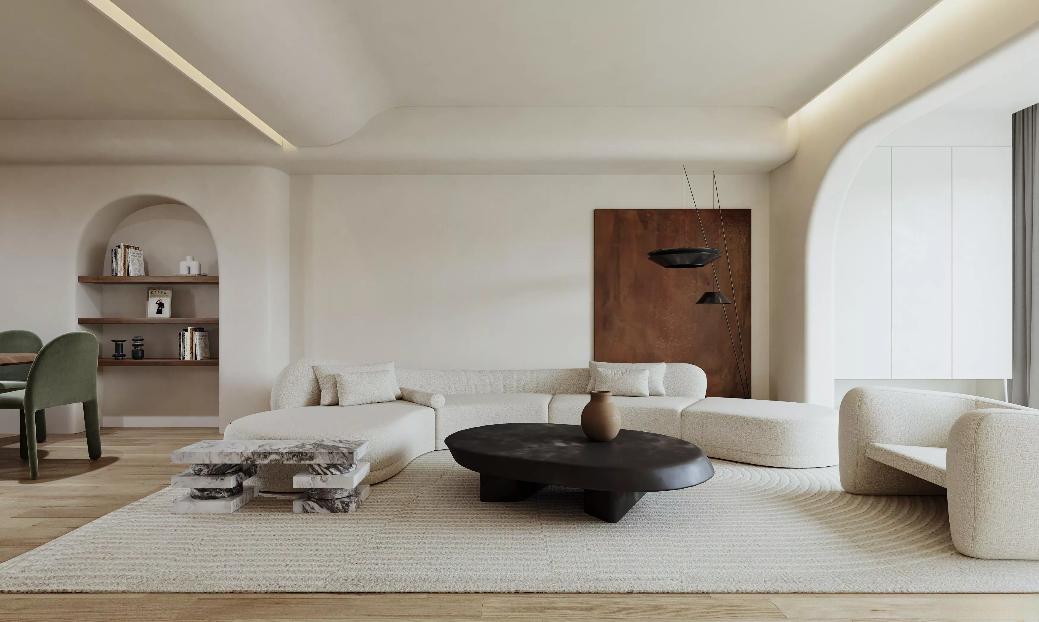 Modern minimalist cream-tone living room interior 3D model 3D model