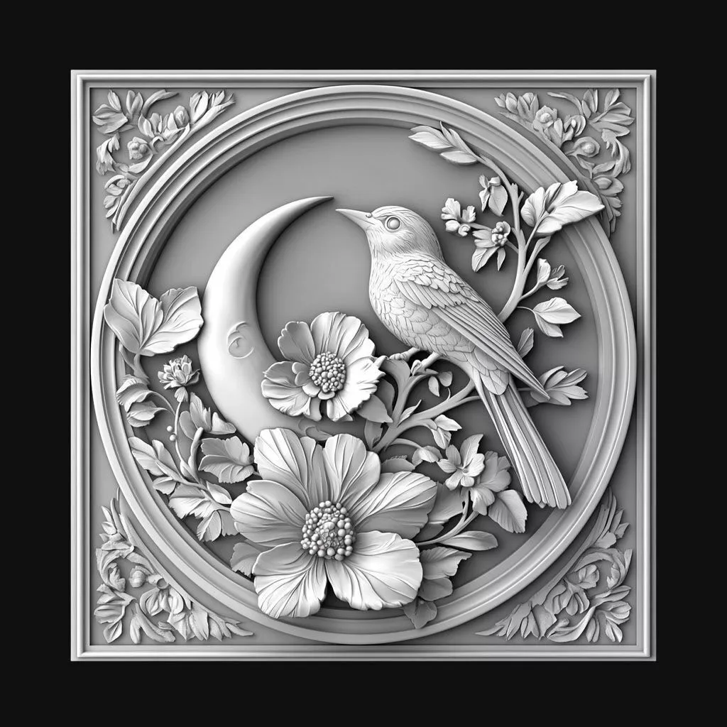 Bird and Crescent Moon Floral Relief 3D print model