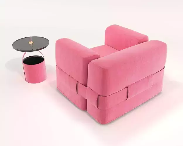 Belted Cubic Armchair and Side Table 3D model 3