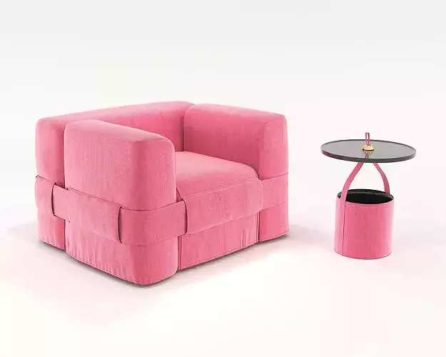 Belted Cubic Armchair and Side Table 3D model