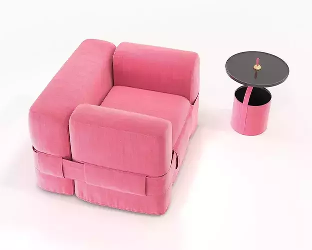 Belted Cubic Armchair and Side Table 3D model 5