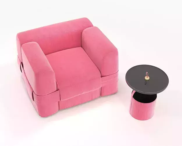 Belted Cubic Armchair and Side Table 3D model 2