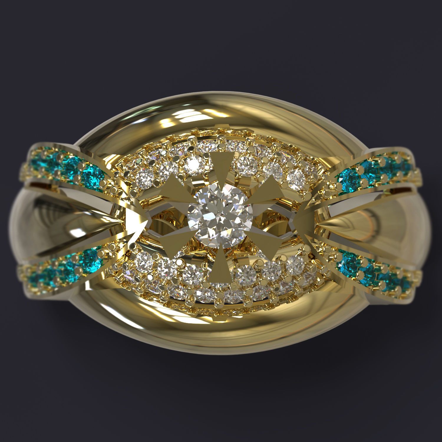 Ring gold with emeralds and diamonds 3D print model_1