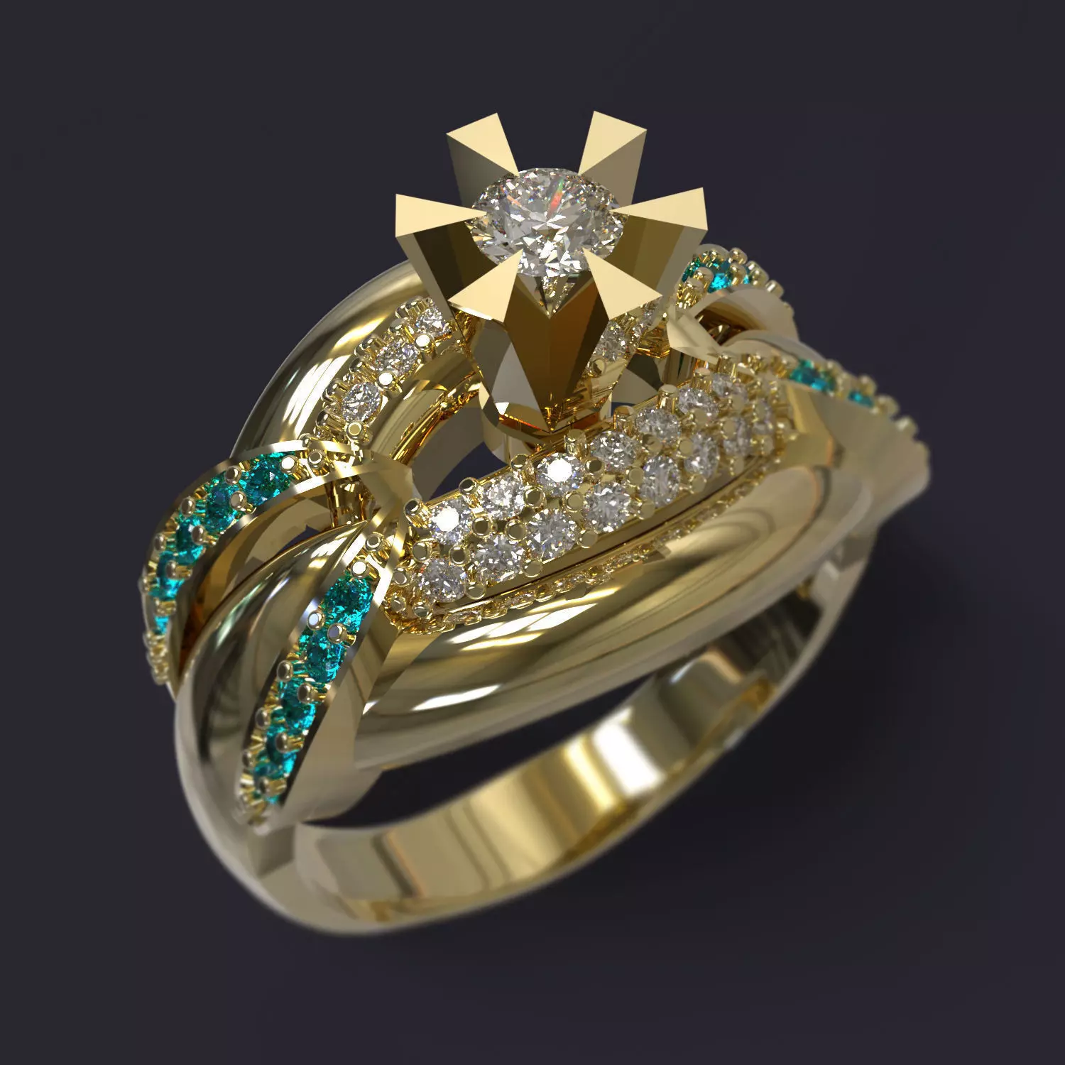 Ring gold with emeralds and diamonds 3D print model_0