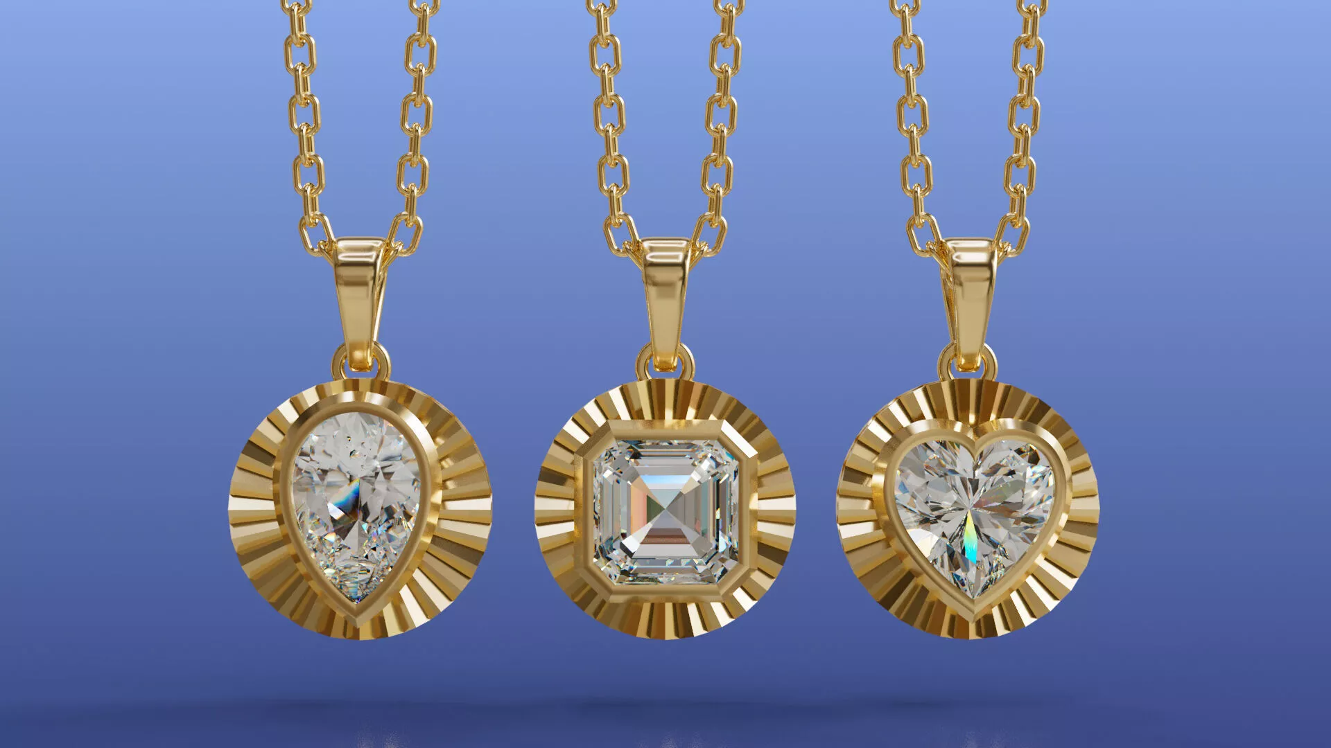 Fluted Halo Solitaire Pendant Necklace Set of Pear Emerald Heart 3D print model