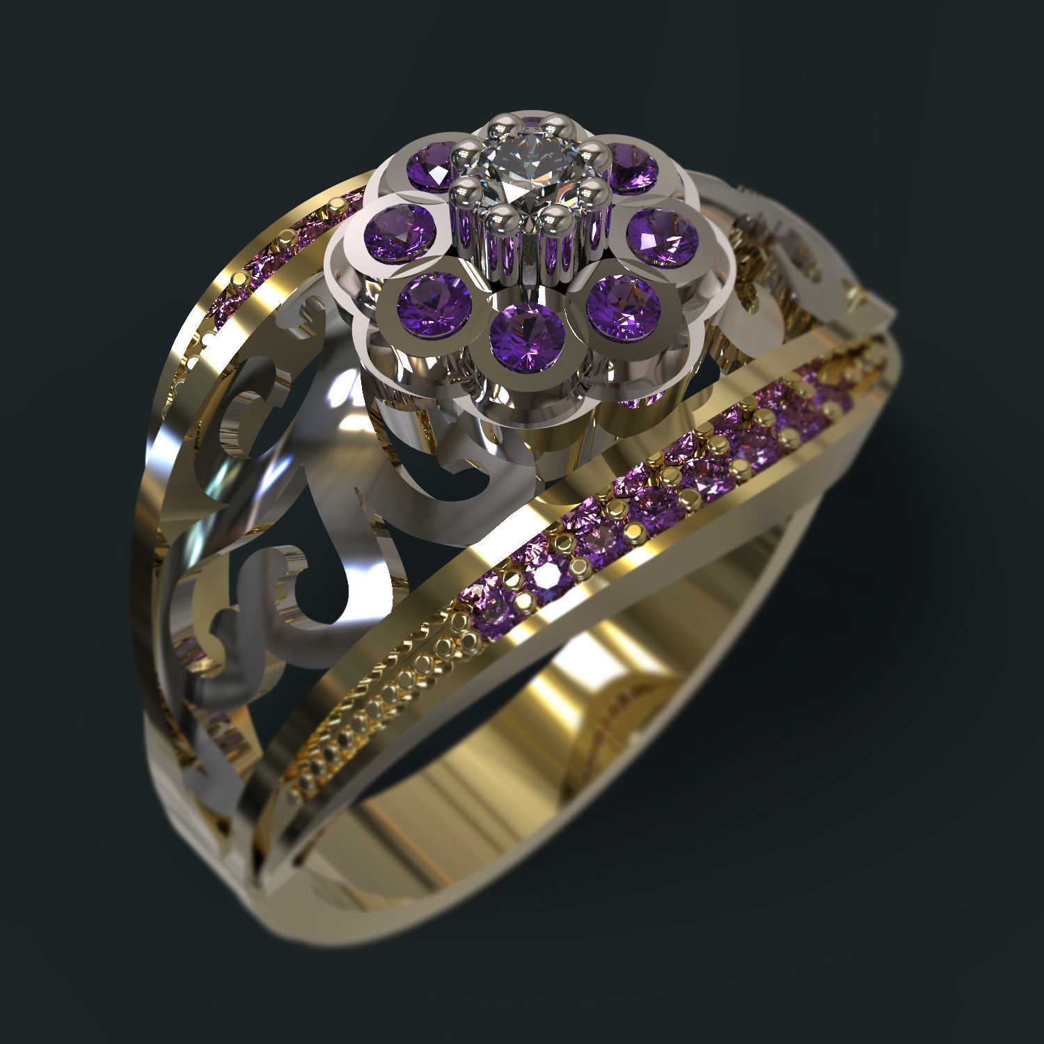 Ring gold with opals and diamonds 3D print model_2