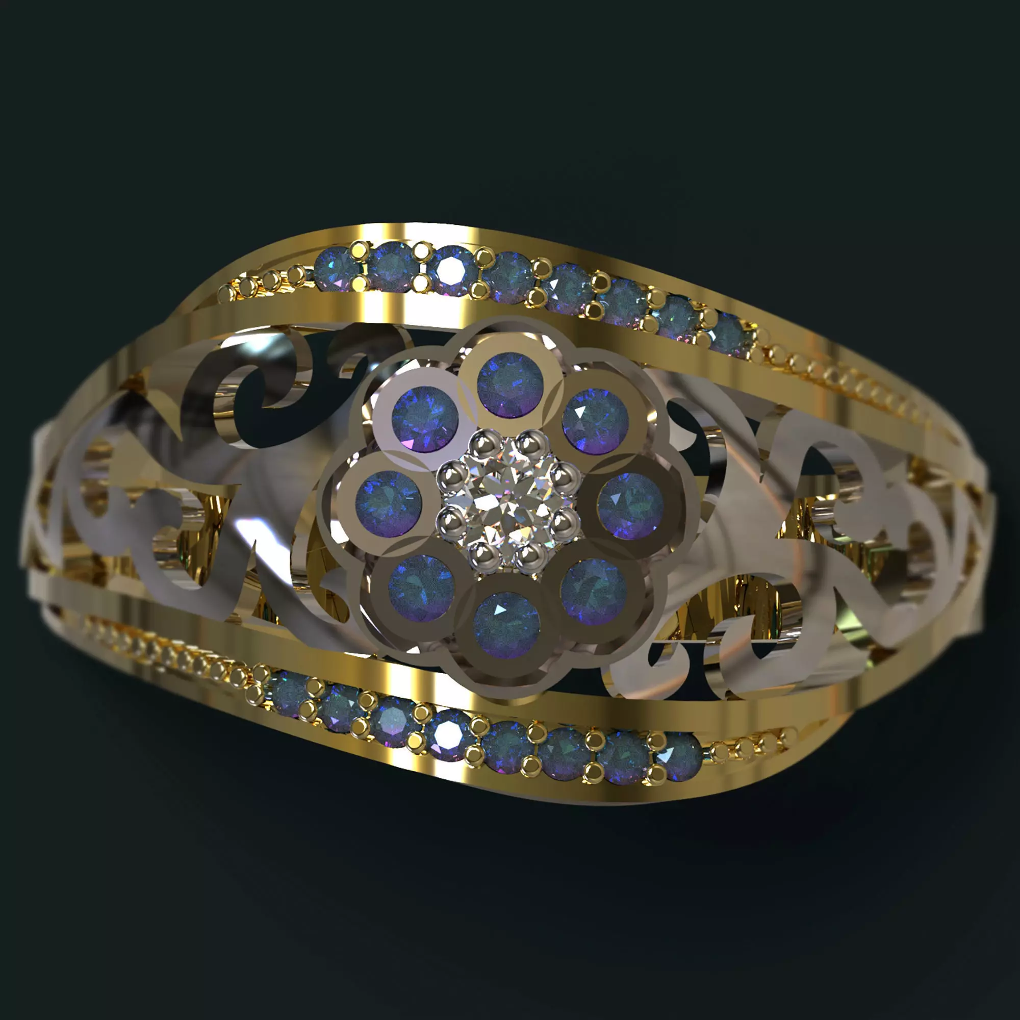 Ring gold with opals and diamonds 3D print model_0
