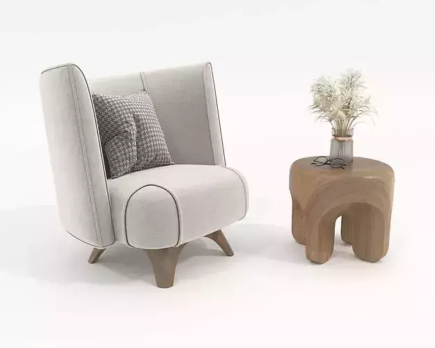 Modern Wingback Armchair with Organic Wooden Side Table 3D model