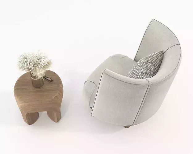 Modern Wingback Armchair with Organic Wooden Side Table 3D model 5