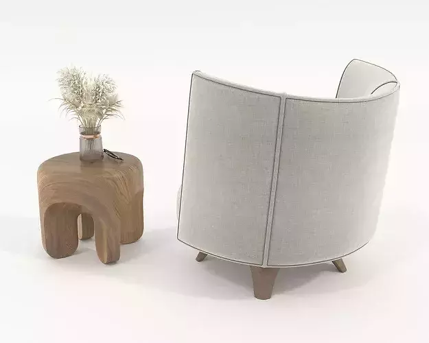 Modern Wingback Armchair with Organic Wooden Side Table 3D model 3