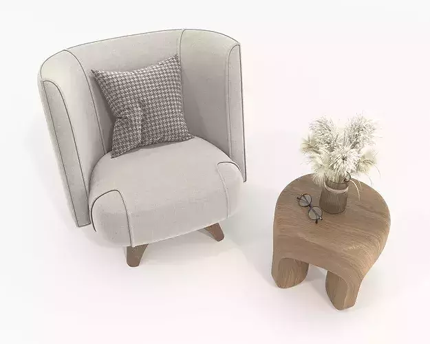 Modern Wingback Armchair with Organic Wooden Side Table 3D model 2