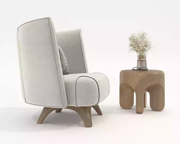 Modern Wingback Armchair with Organic Wooden Side Table 3D model 6