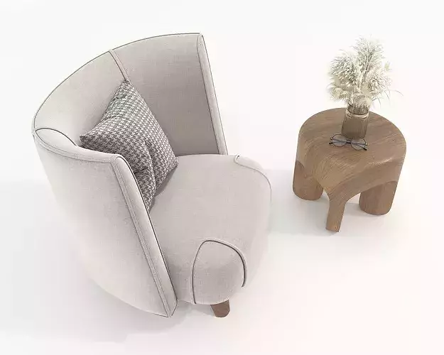 Modern Wingback Armchair with Organic Wooden Side Table 3D model 4