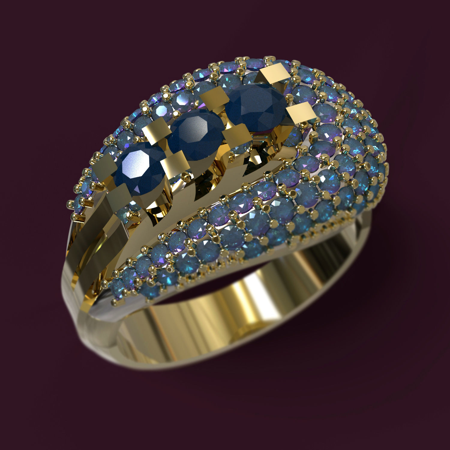 Ring gold with sapphires and diamonds 3D print model_2