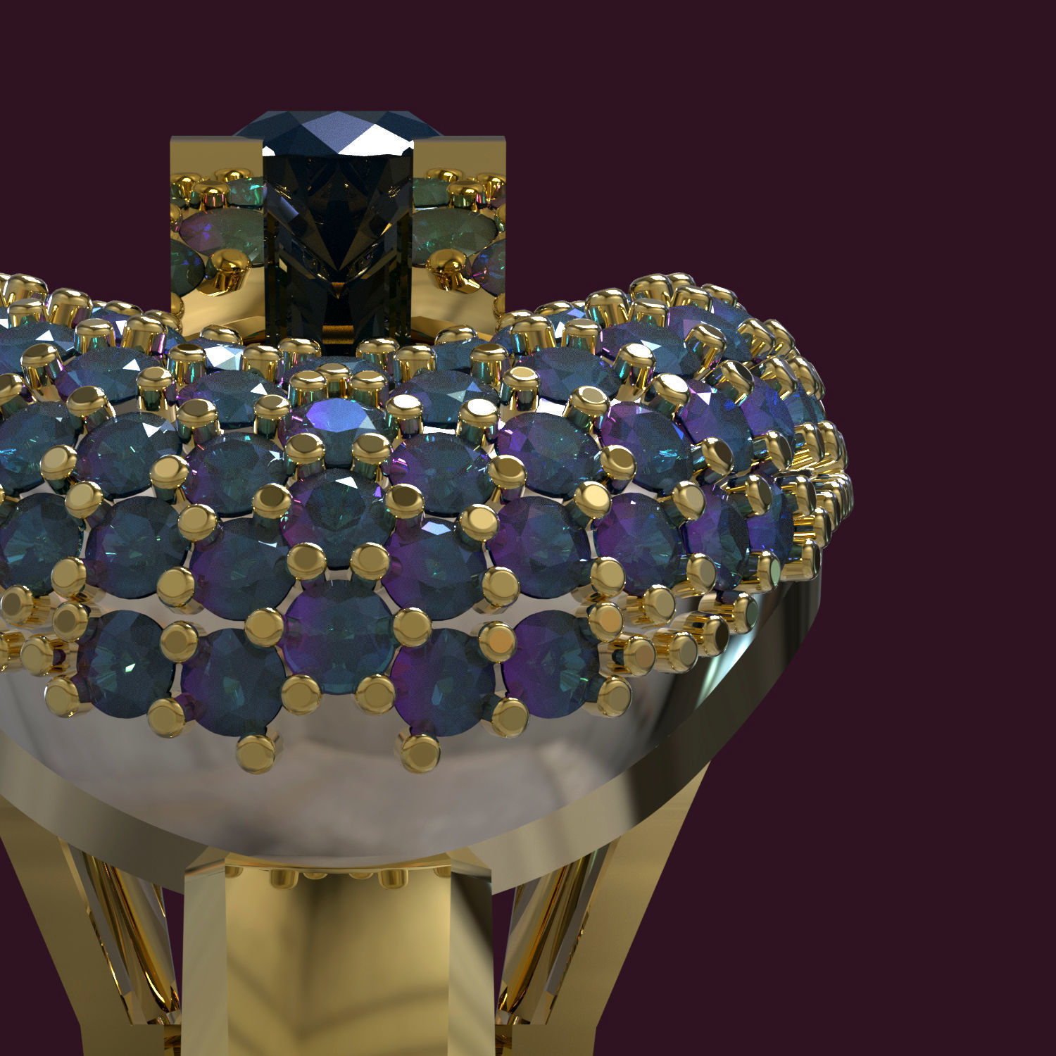 Ring gold with sapphires and diamonds 3D print model_1