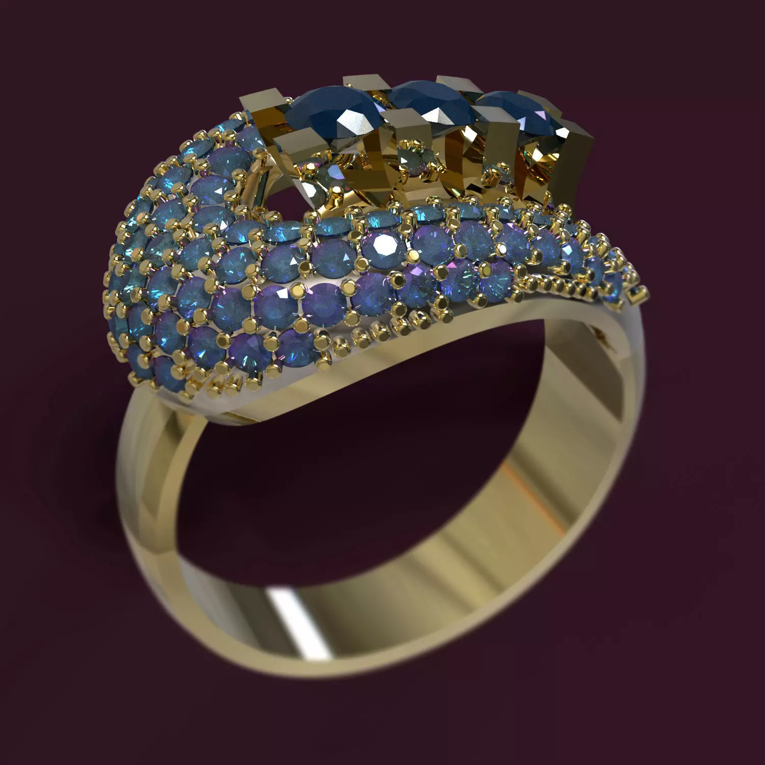 Ring gold with sapphires and diamonds 3D print model_0