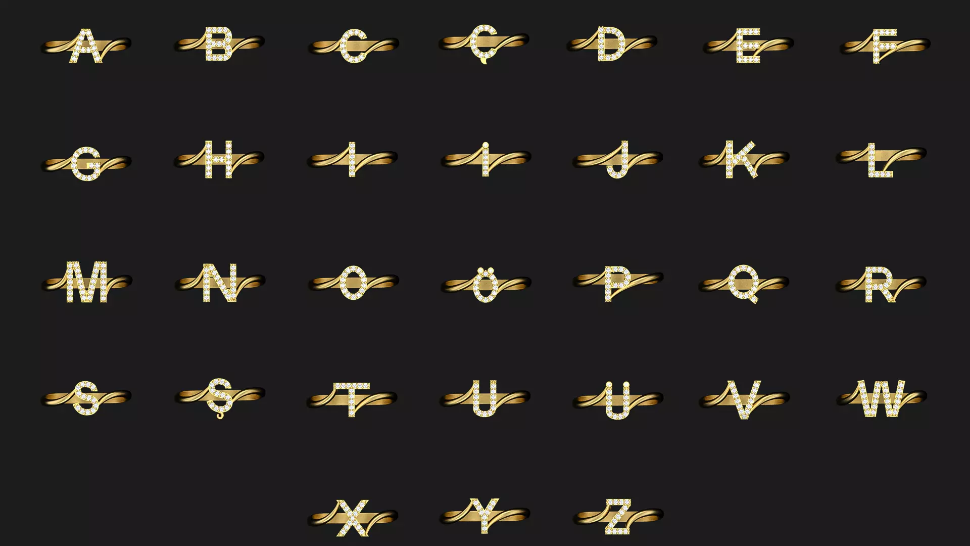 31 Gold Letter Ring Set Ready for Production CAD Models JHCBO 3D print model