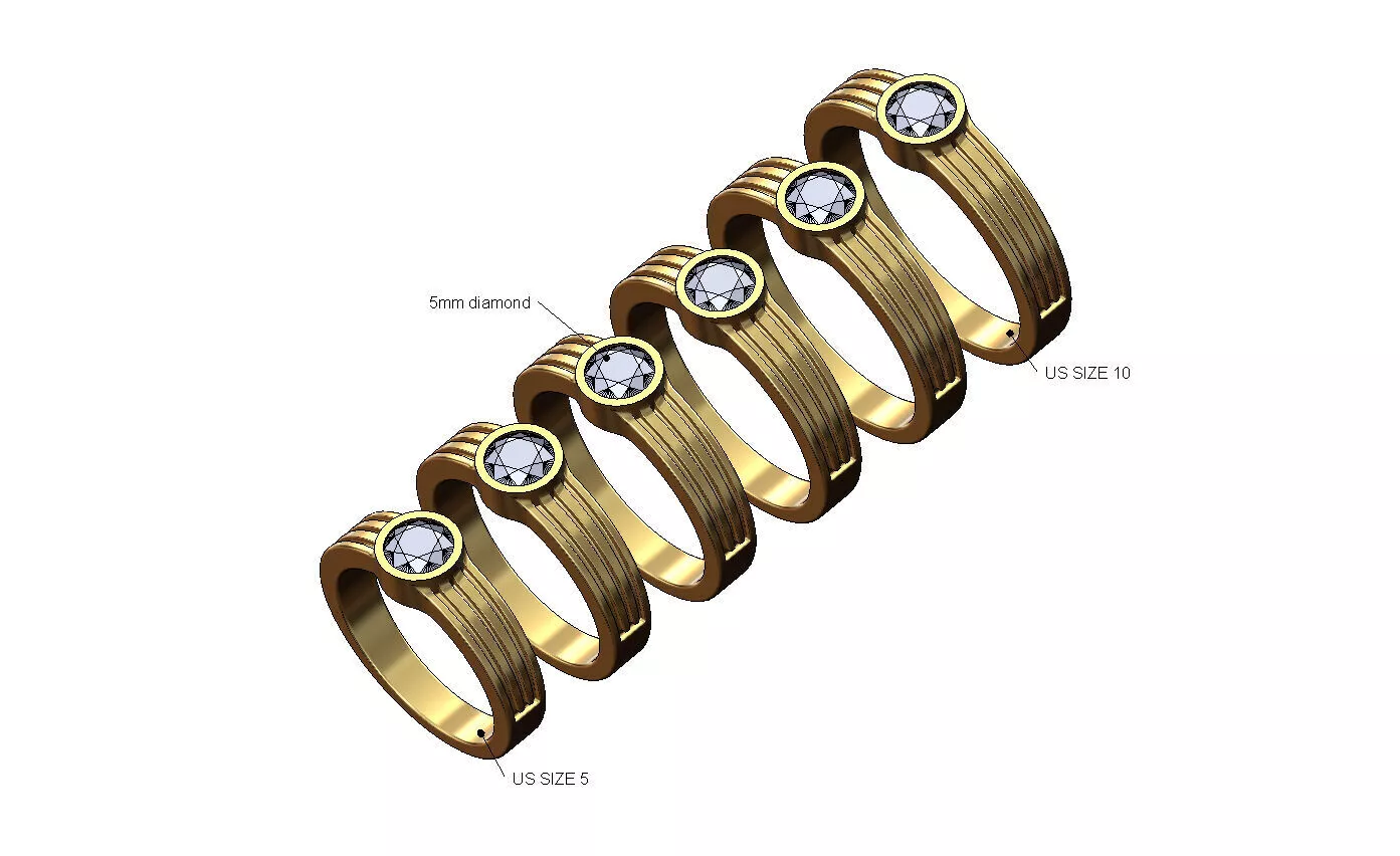Side stripes 5mm bezel solitaire diamond ring Us sizes 5to10 3D print model