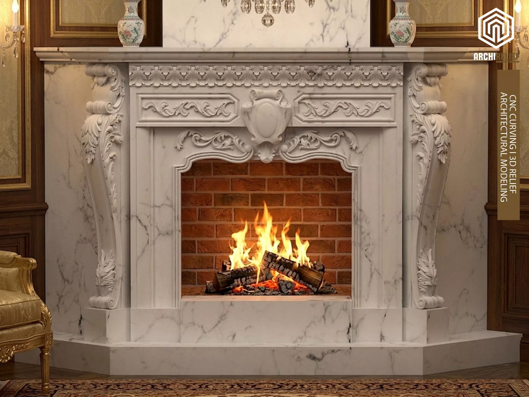 Corner Classic Luxury Marble Fireplace - CNC Ready 06 3D model 3D model