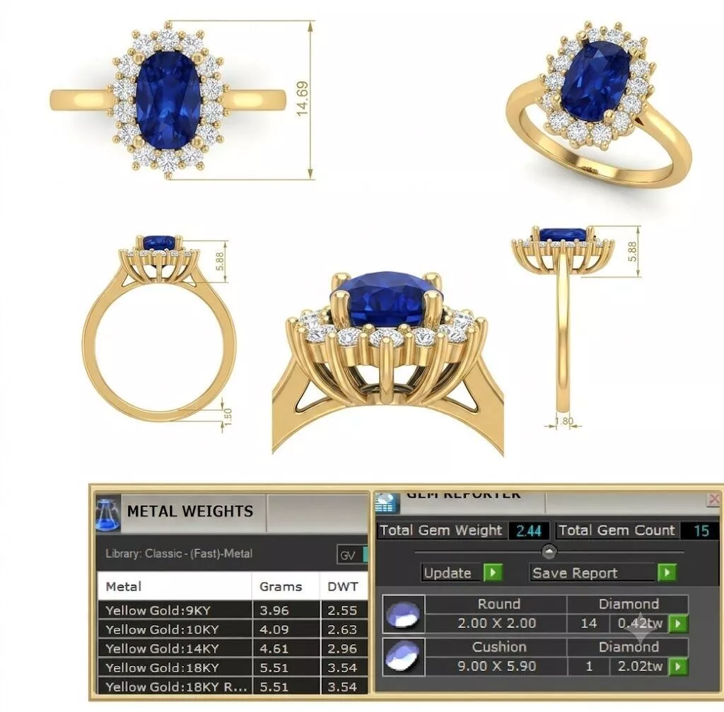 Diana Ring Oval Halo Diamond Ring Cushion Center CAD Model 3D print model