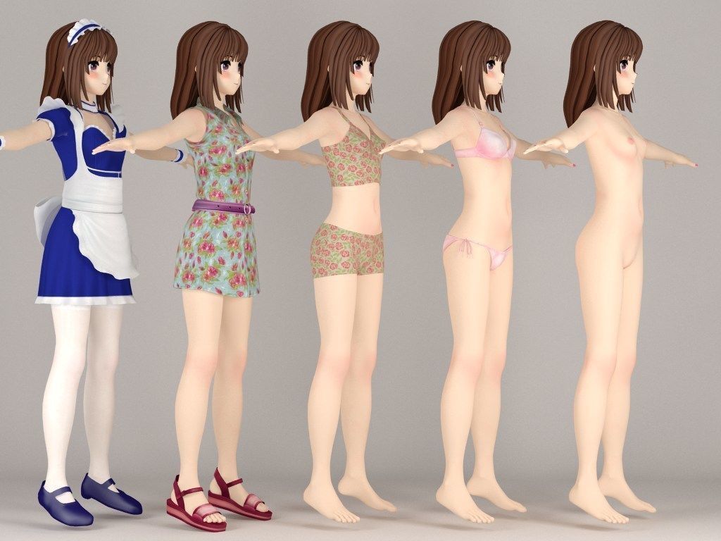 T pose nonriged model of Nanako anime girl  3D model_6