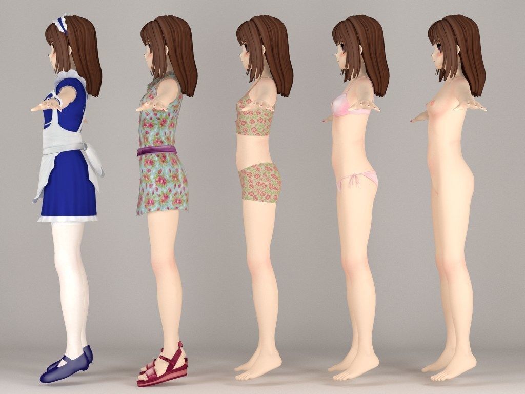 T pose nonriged model of Nanako anime girl  3D model_4