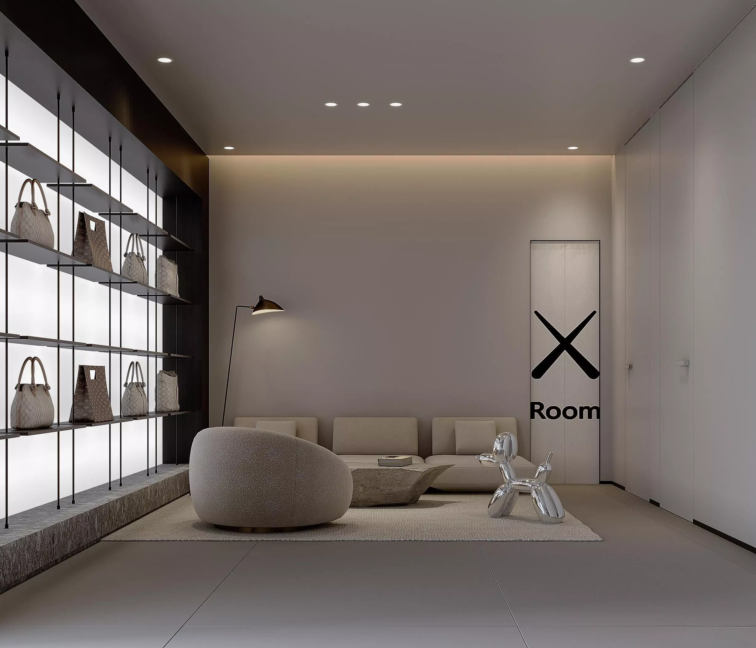 Luxury minimalist handbag boutique fitting lounge 3D model
