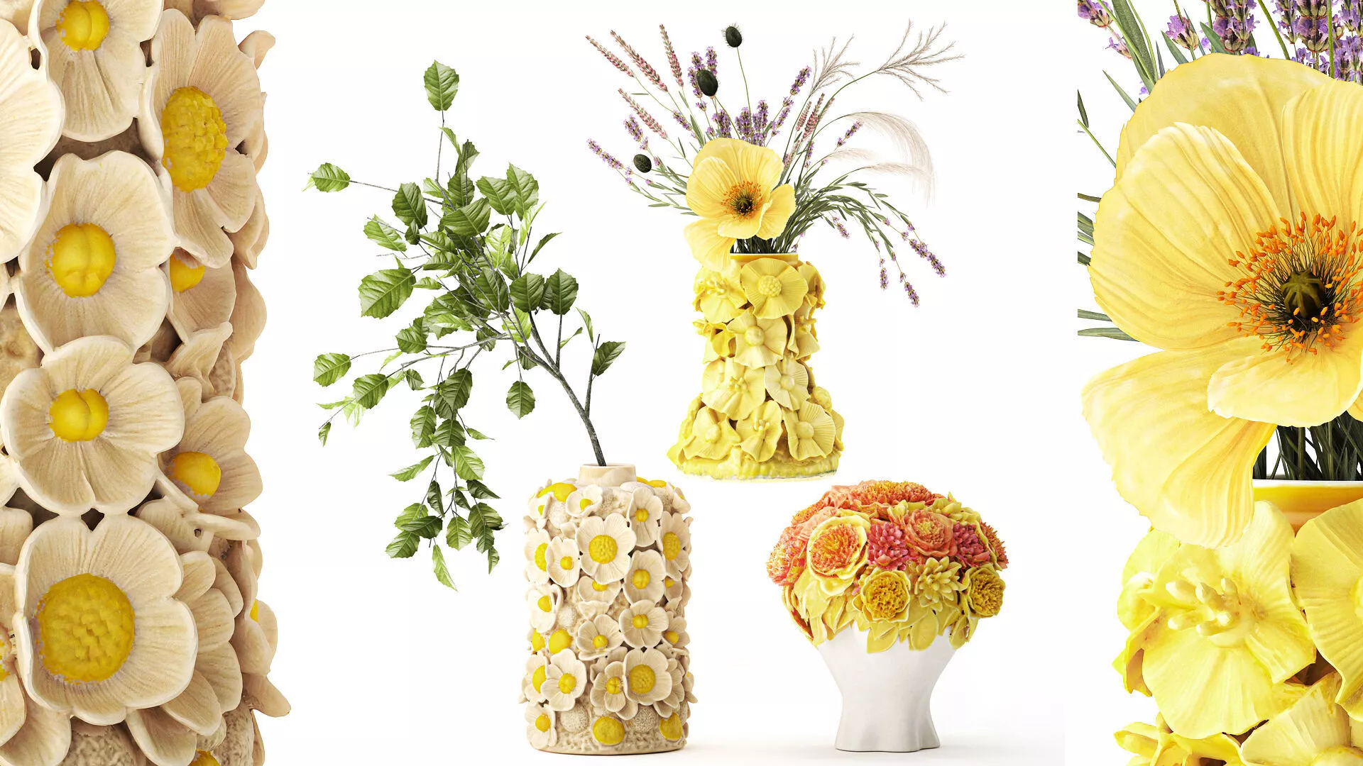 Vases sculpted flowers bouquet Poppy lavender set 3D model