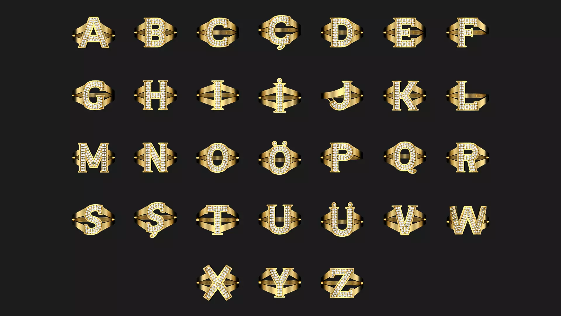 31 Gold Letter Ring Set Ready for Production CAD Models JHCCO 3D print model