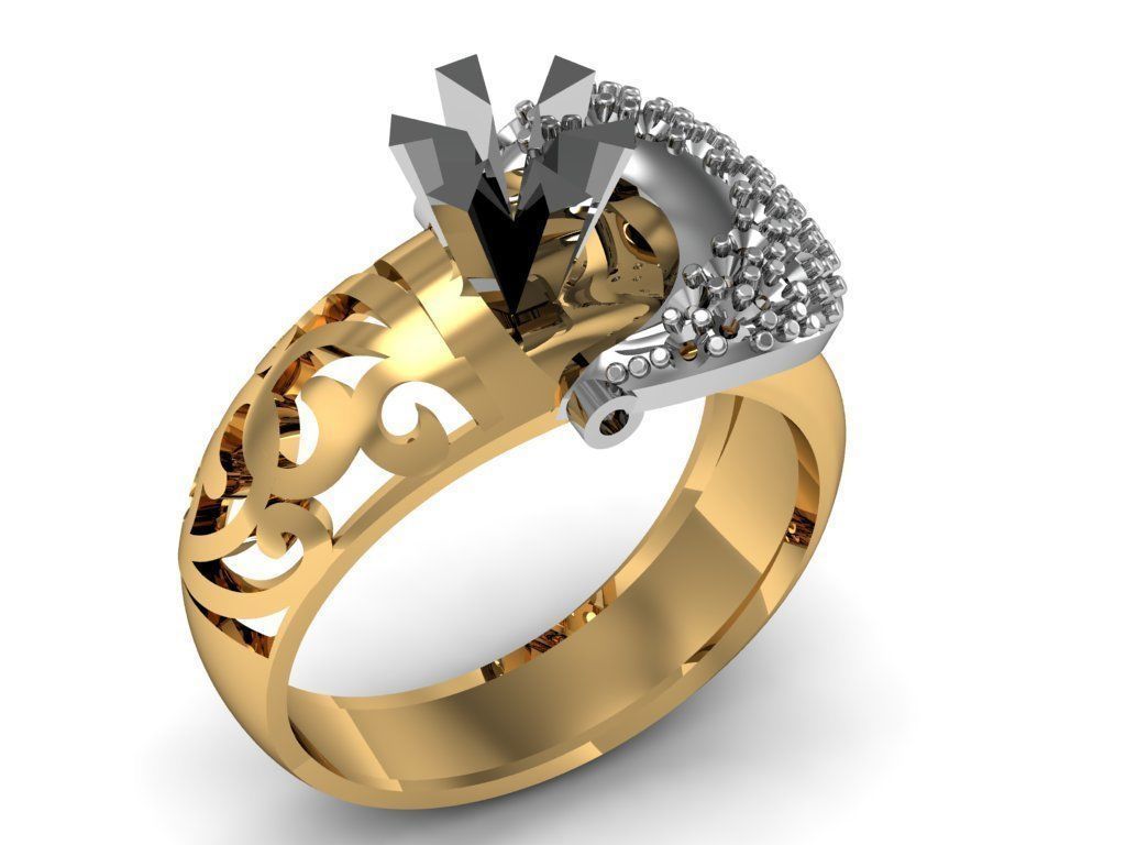 Ring with diamonds and crescent moon 3D print model_7