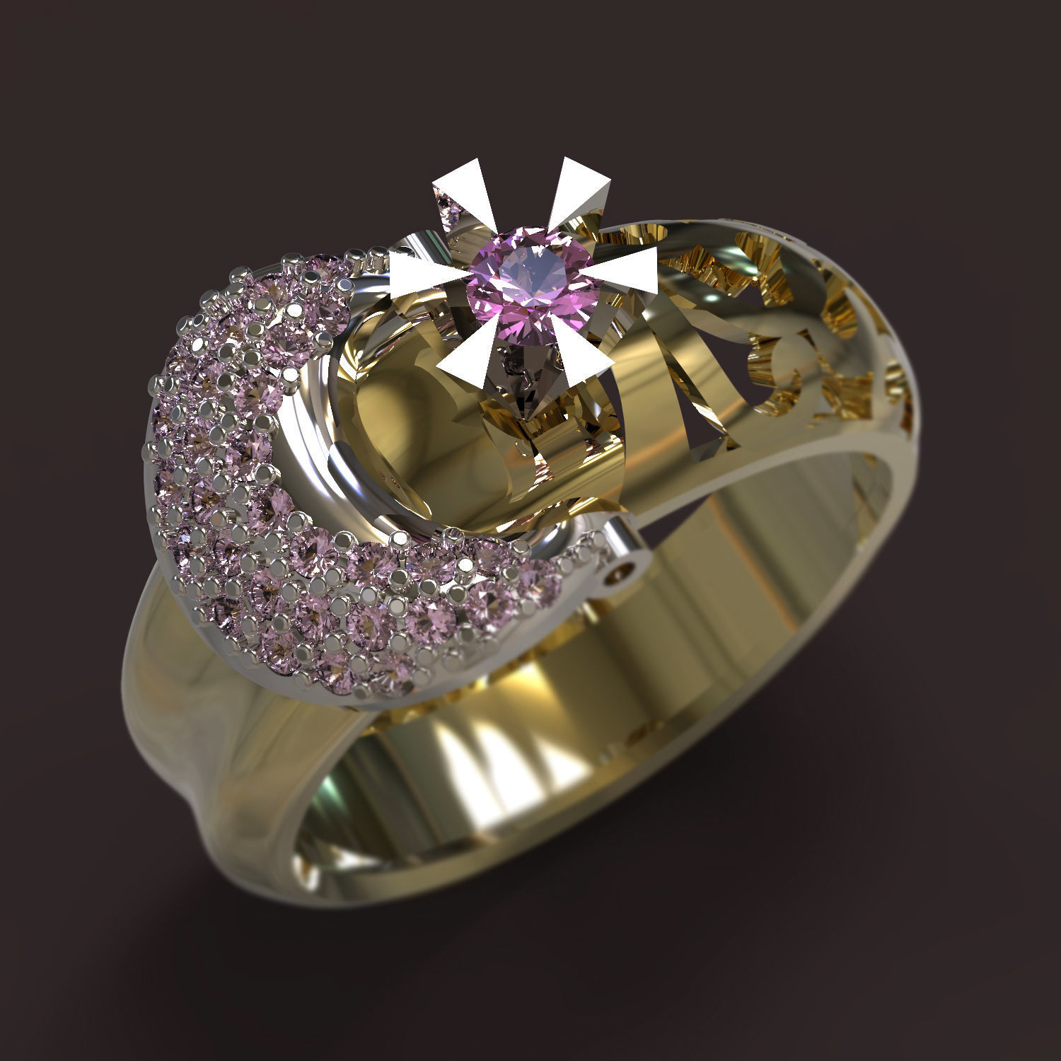 Ring with diamonds and crescent moon 3D print model_1