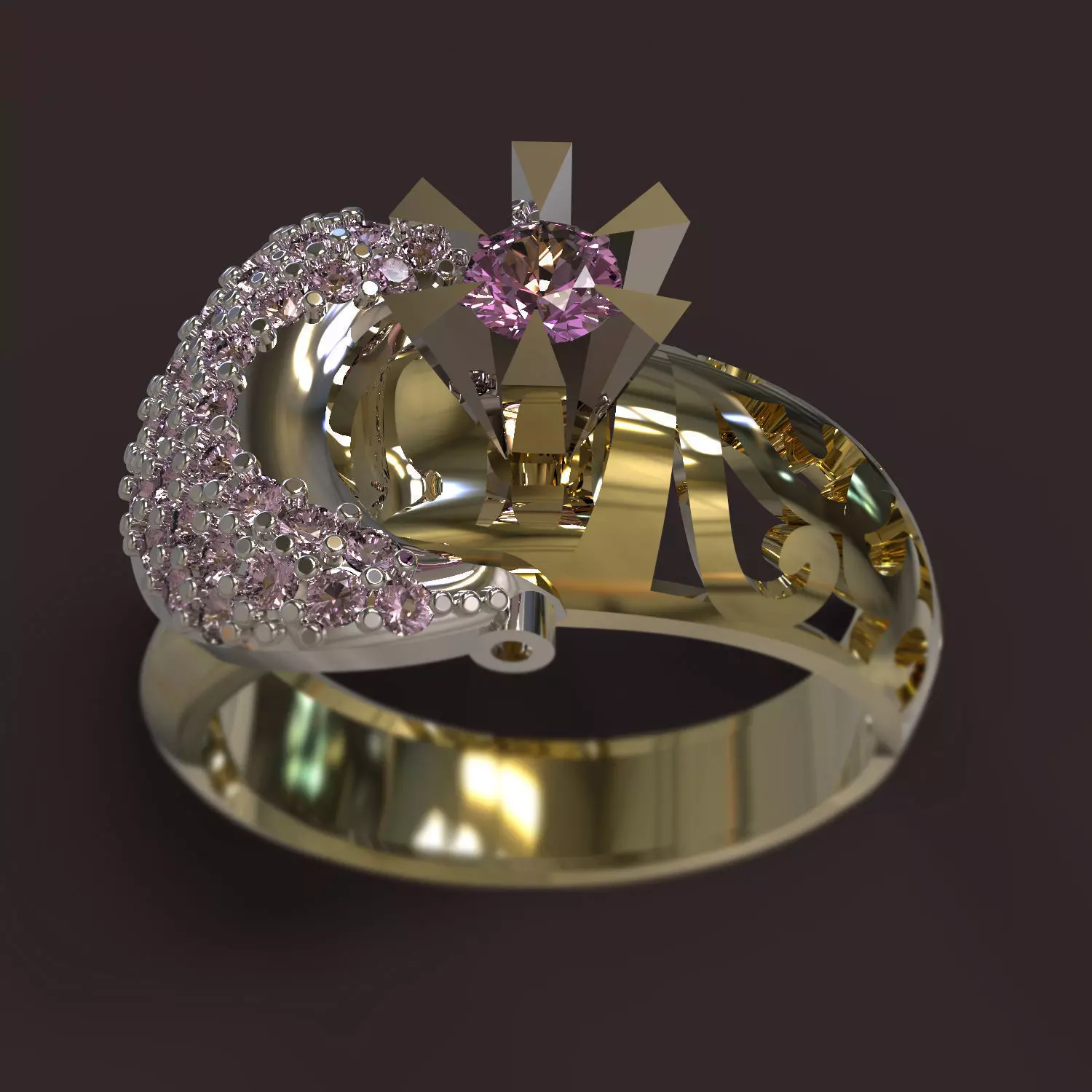 Ring with diamonds and crescent moon 3D print model_0