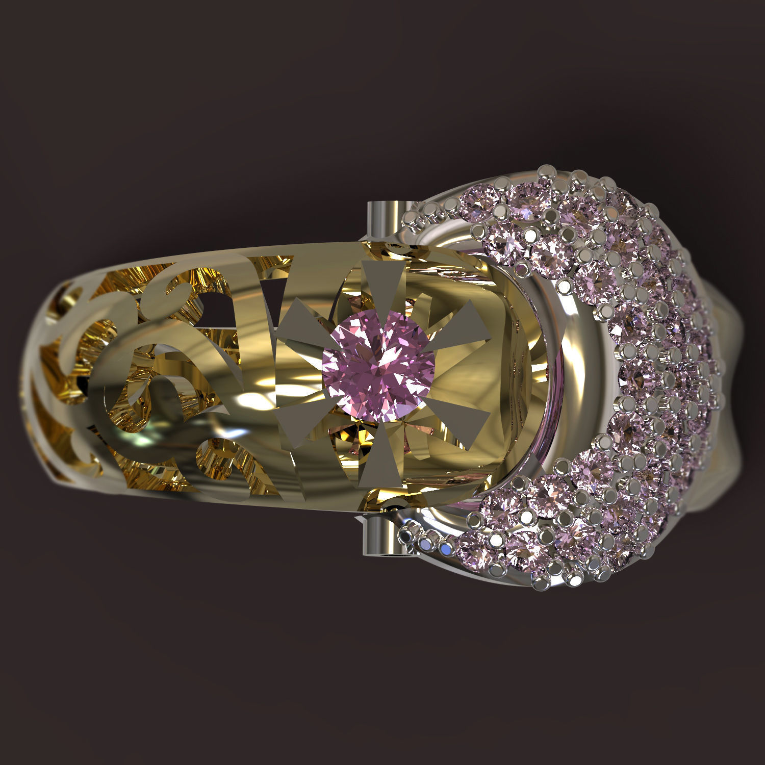 Ring with diamonds and crescent moon 3D print model_2