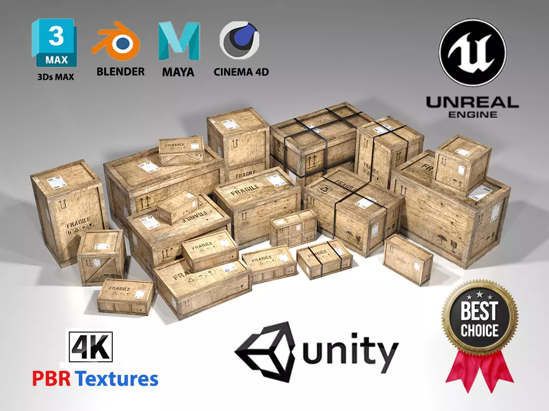 Old Wooden Cargo Crates PBR 3D Model Pack
