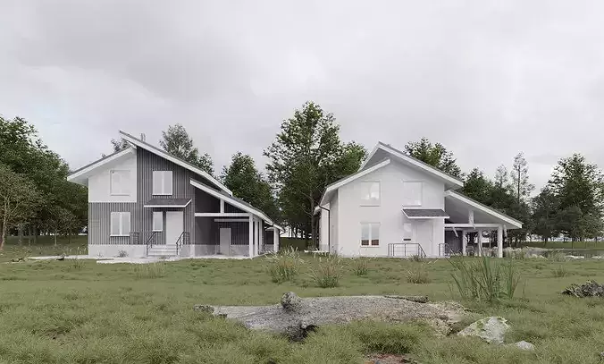 Modern minimalist lakeside villa exterior 3D model