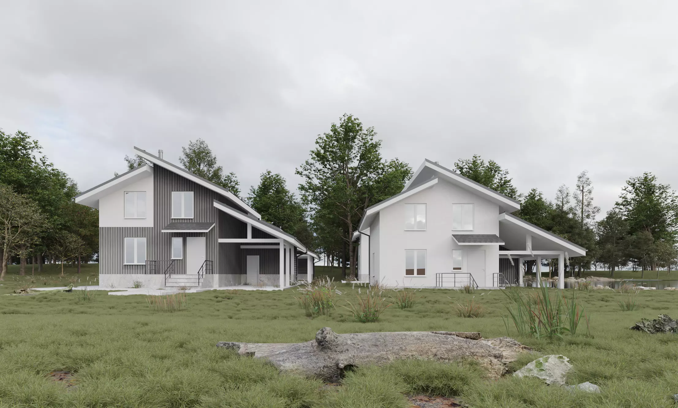 Modern minimalist lakeside villa exterior 3D model