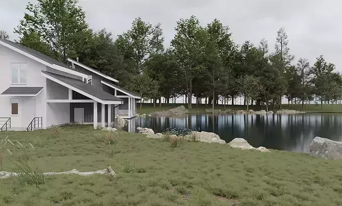 Modern minimalist lakeside villa exterior 3D model 2