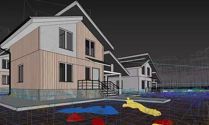 Modern minimalist lakeside villa exterior 3D model 4