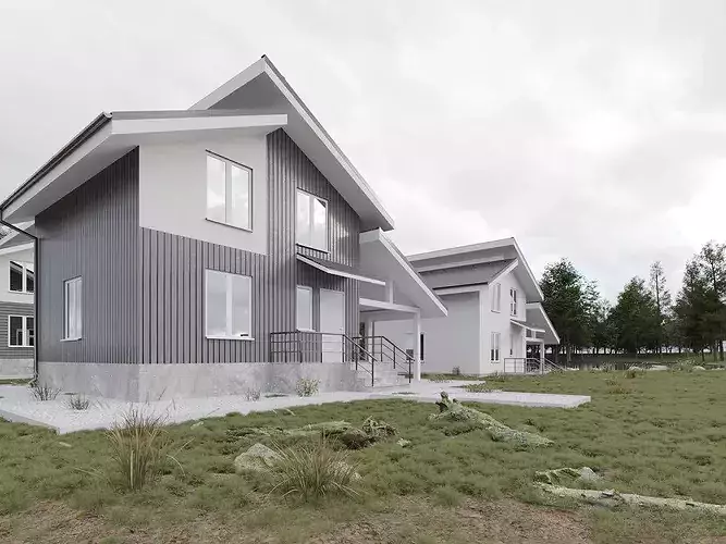 Modern minimalist lakeside villa exterior 3D model 3