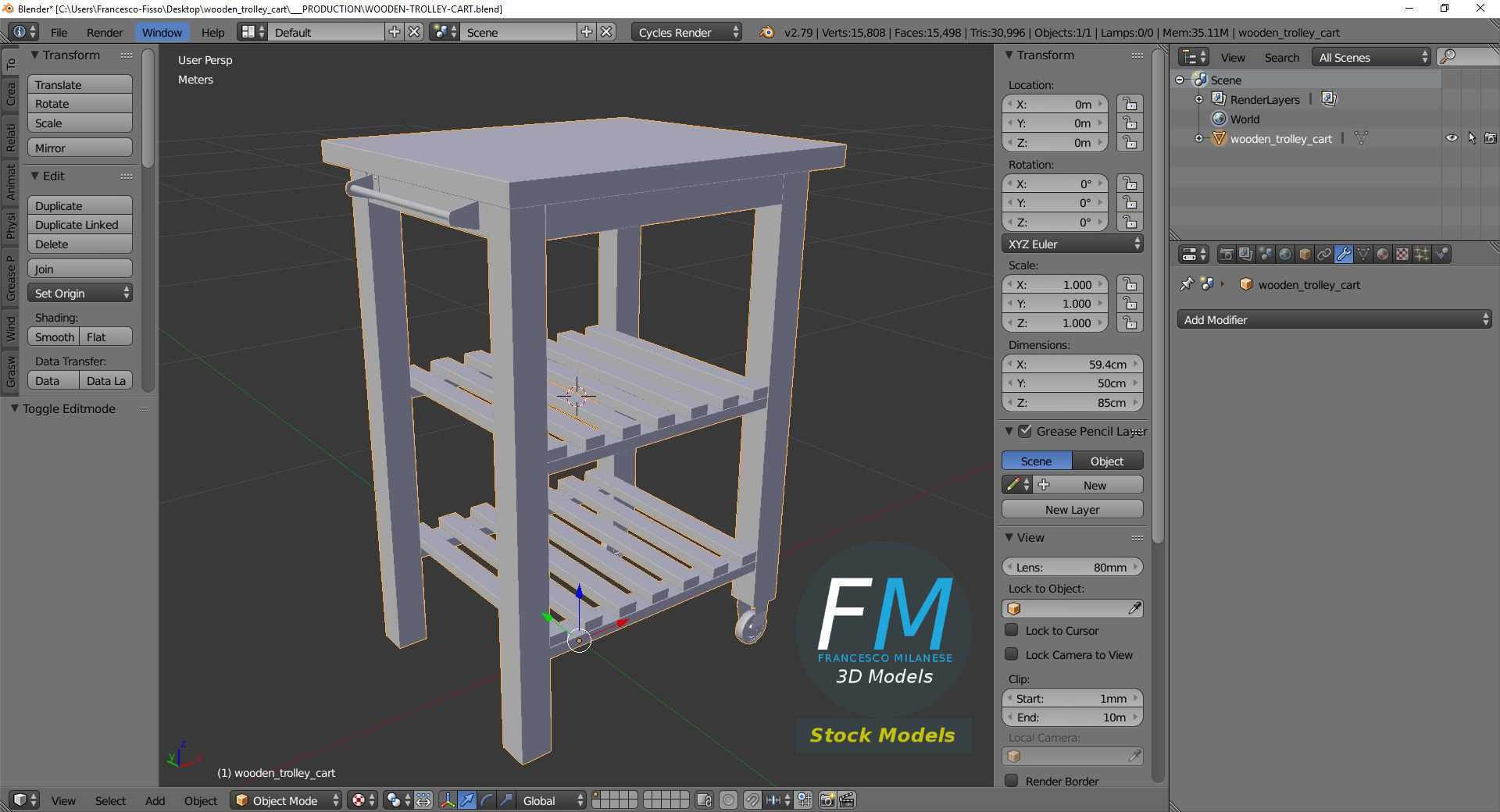 Wooden trolley cart 3D model_9