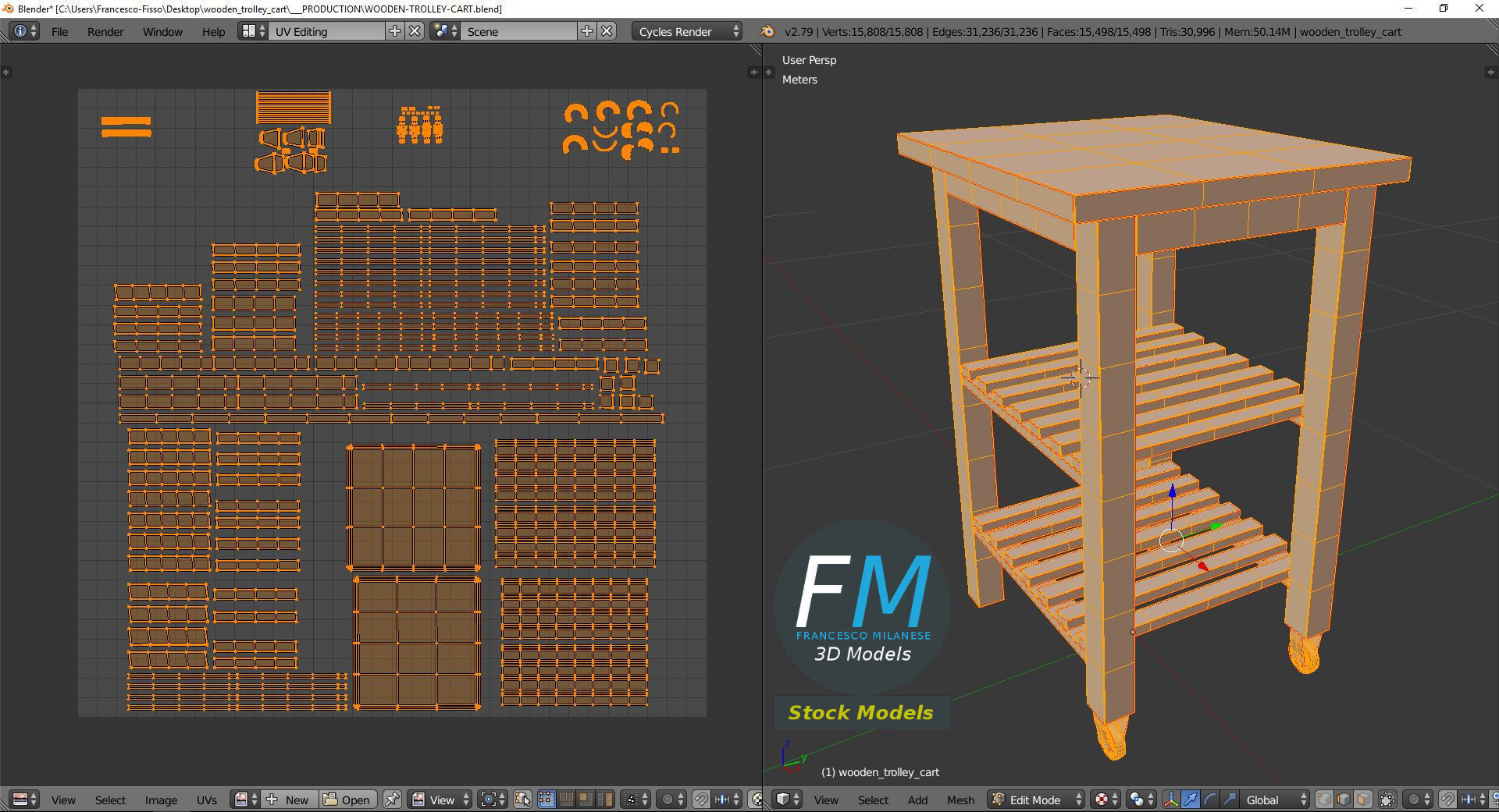 Wooden trolley cart 3D model_10
