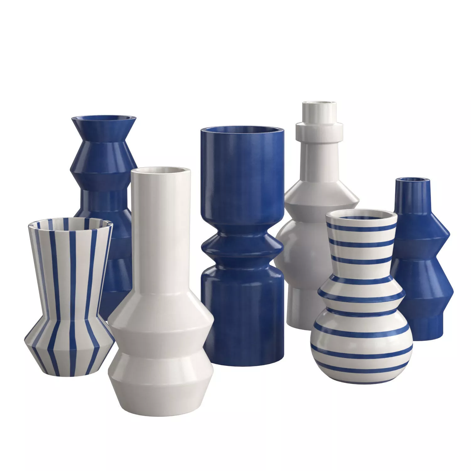 Set of seven white and blue vases modern design 3D model