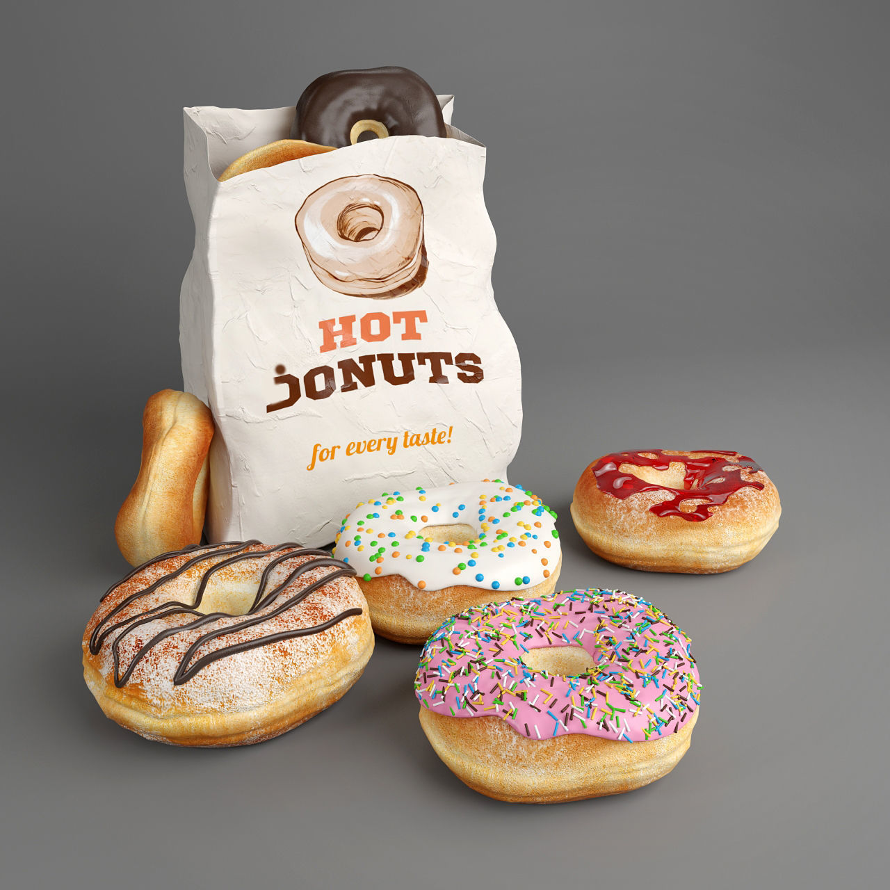 donuts collection hot in bag 3D model_1