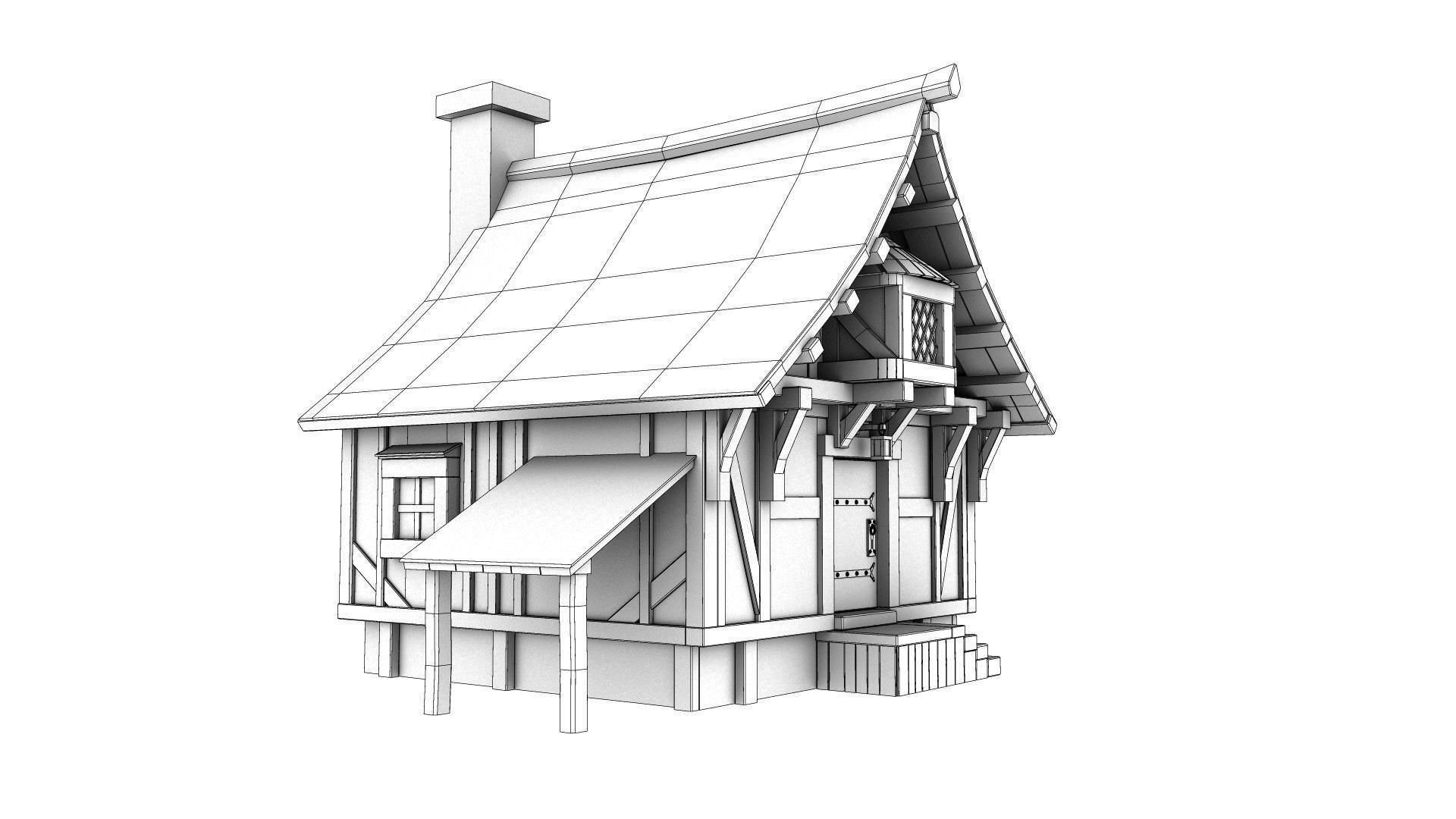 Medieval Town House Low-poly 3D model_9