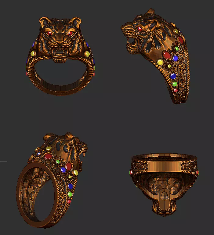 Ornate Tiger Head Signet Ring - 3D Jewelry Model Low-poly 3D model