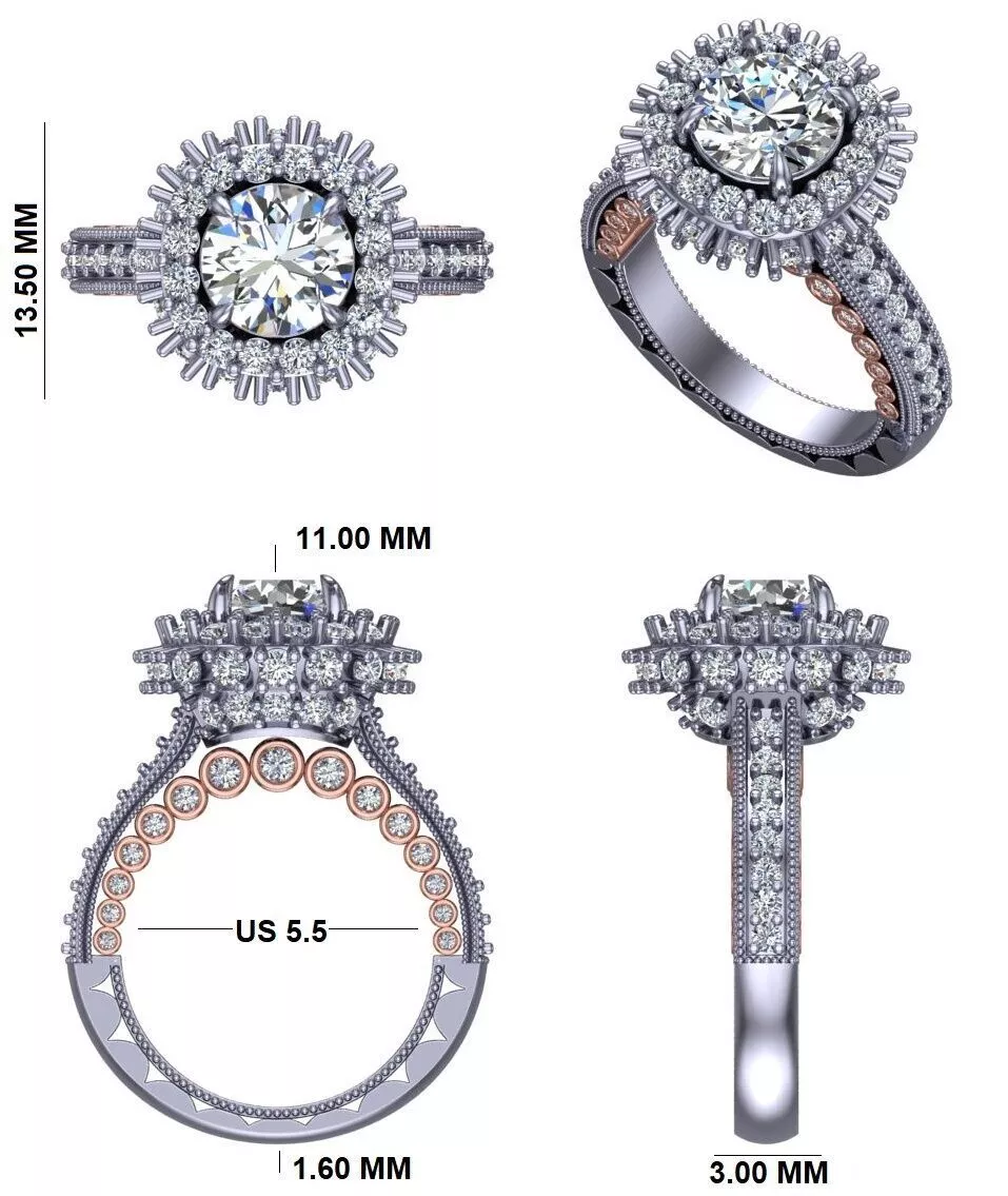 Gold Double Halo Engagement Ring and Matching Band Set Low-poly 3D model
